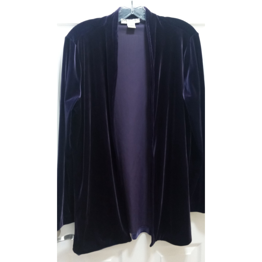 Casual Corner Vtg Deep Purple Velvet Cardigan Long Flowy Elegant Sz L Open Front